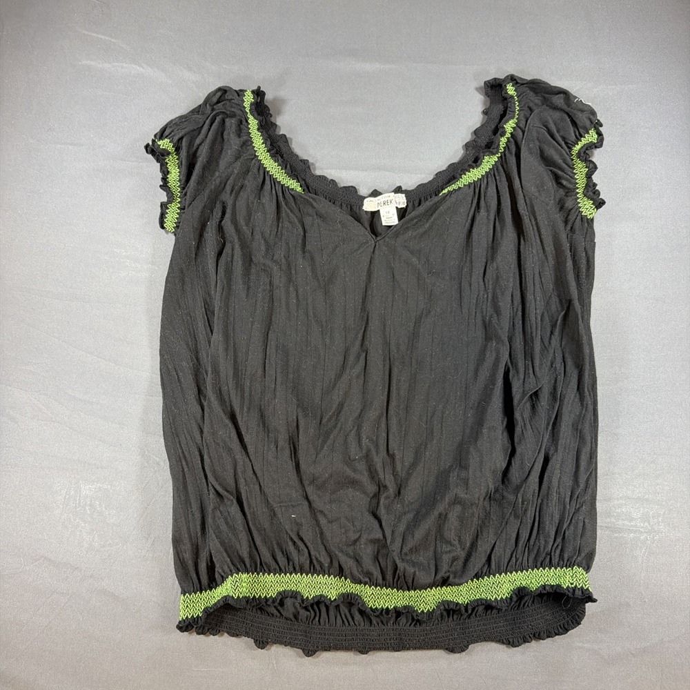 Derek black gathered blouse accented with vibrant neon green 1X